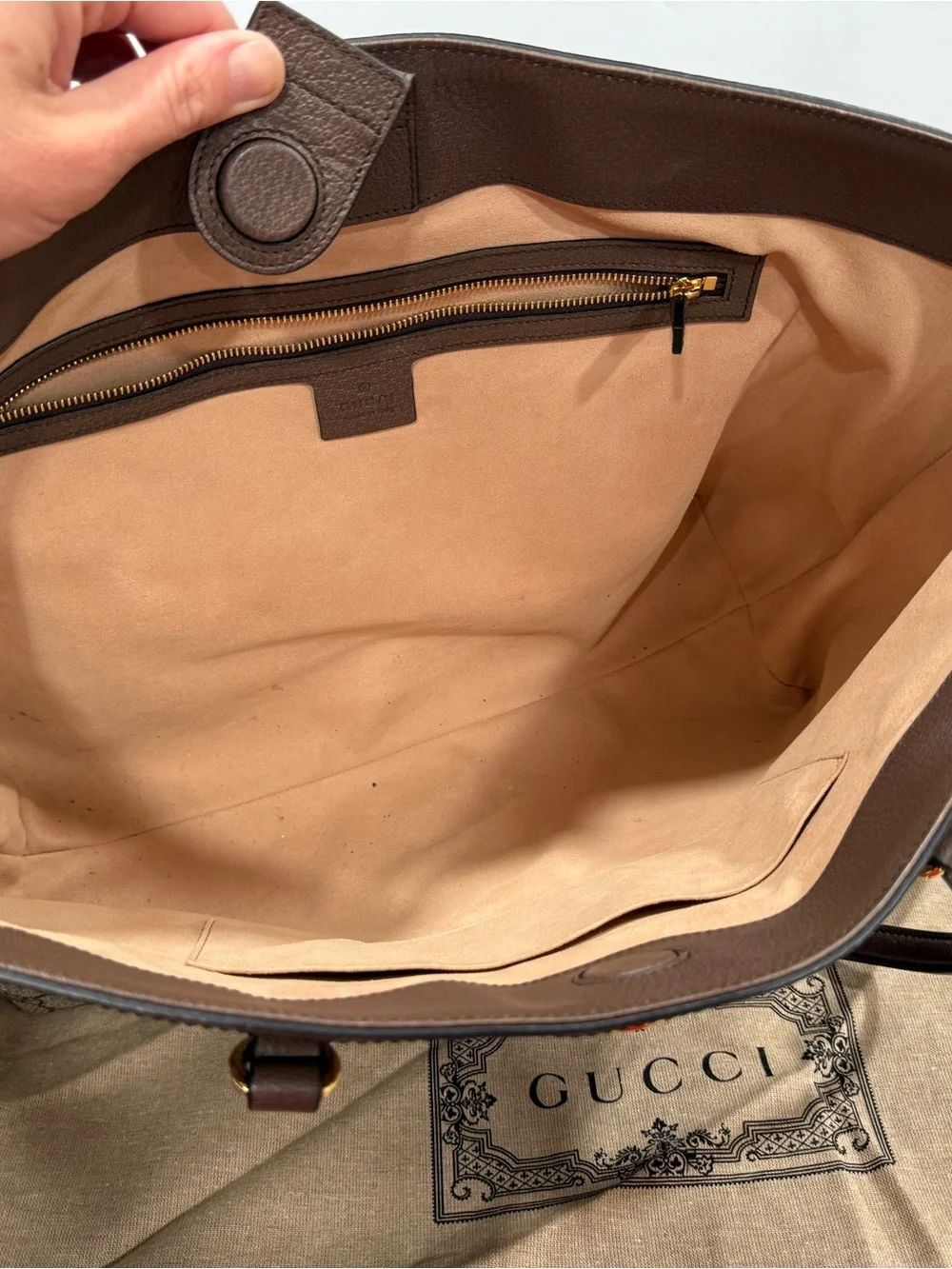 Gucci Ophedia Beige GG Supreme Canvas Tote with Brown Trim and Green-Red Web